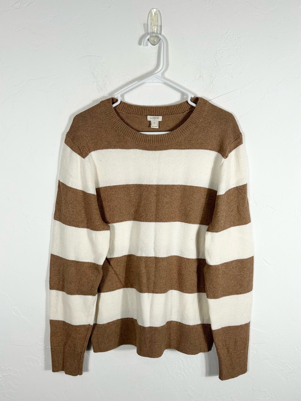 J.Crew Caramel Brown & White Broad Striped Crewneck Knit Sweater XL